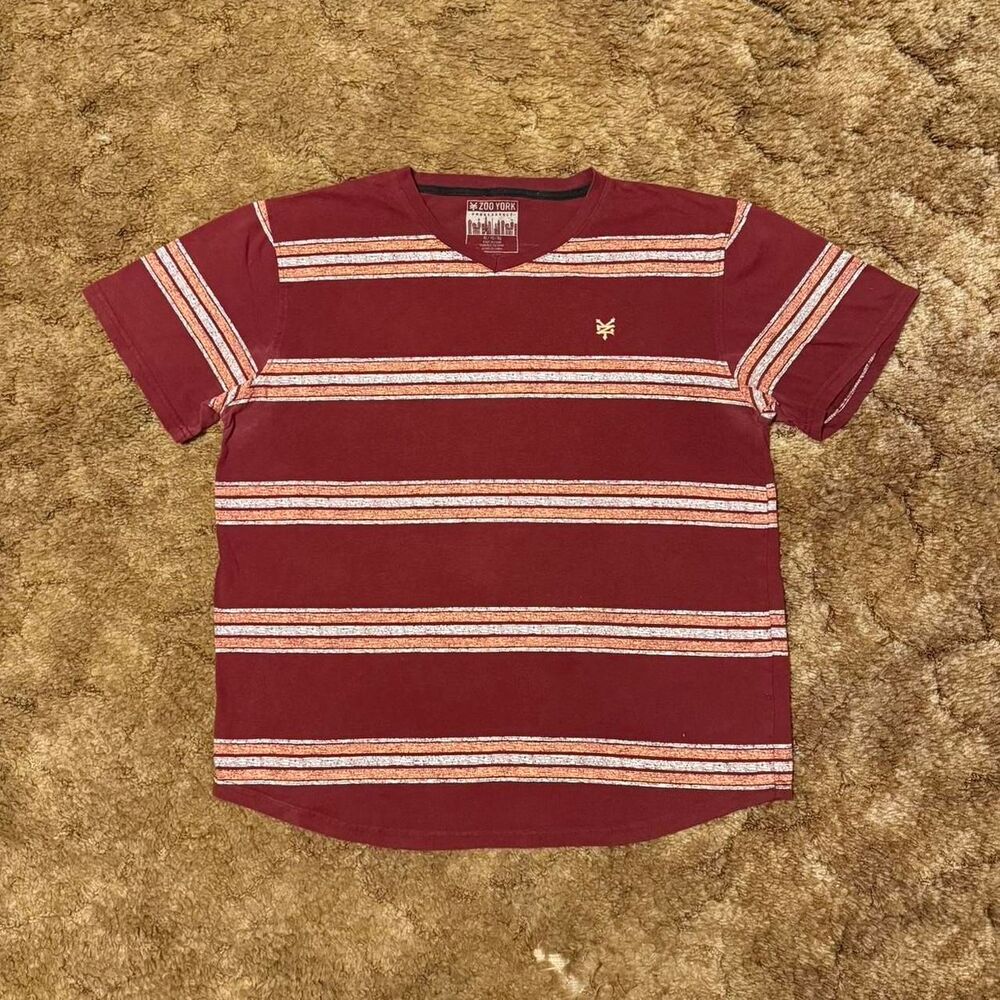 Vintage Zoo York Striped V-Neck Tee Burgundy Orange Skate Logo XLarge